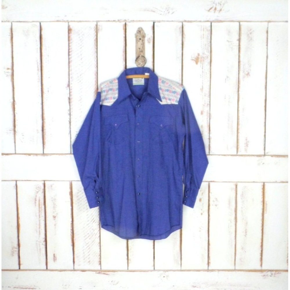 Vintage blue cotton denim western floral button down shirt